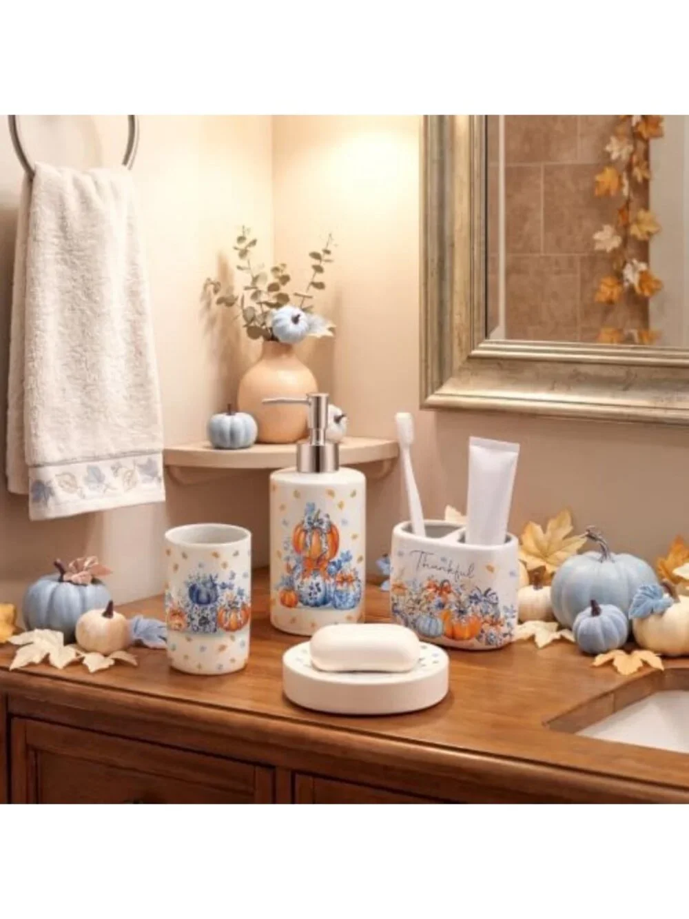 4-Piece Fall Ceramic Bathroom Set - Blue & White Pumpkin Decor, Soap Dispenser